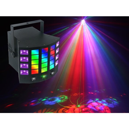 Light Emotion DERBY4 4-in-1 Lighting Effect: Gobo Derby, UV, Strobe and RG mini laser. Infra red control.