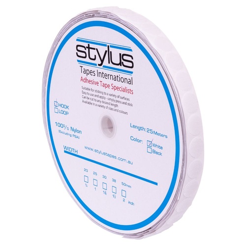 Stylus Self Adhesive Hook and Loop Dots - 22MM - 1025 PCS ROLL - LOOP - WHITE