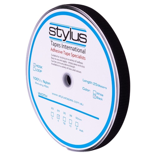 Stylus Self Adhesive Hook and Loop Rolls - 50MM X 25M - LOOP - BLACK